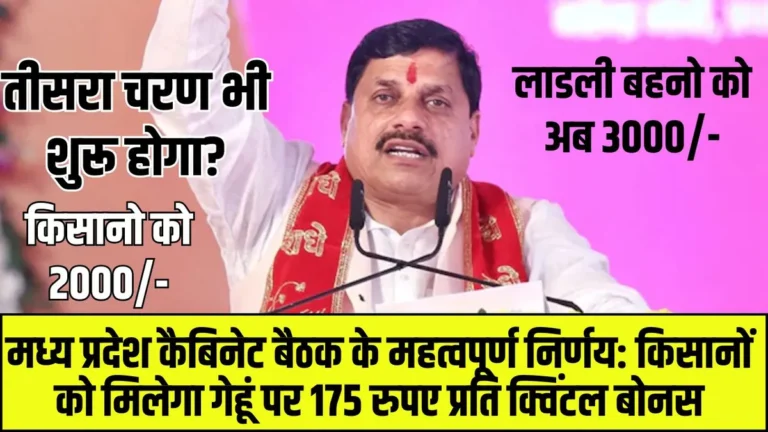 मध्य प्रदेश कैबिनेट बैठक के महत्वपूर्ण निर्णय: किसानों को मिलेगा गेहूं पर 175 रुपए प्रति क्विंटल बोनस